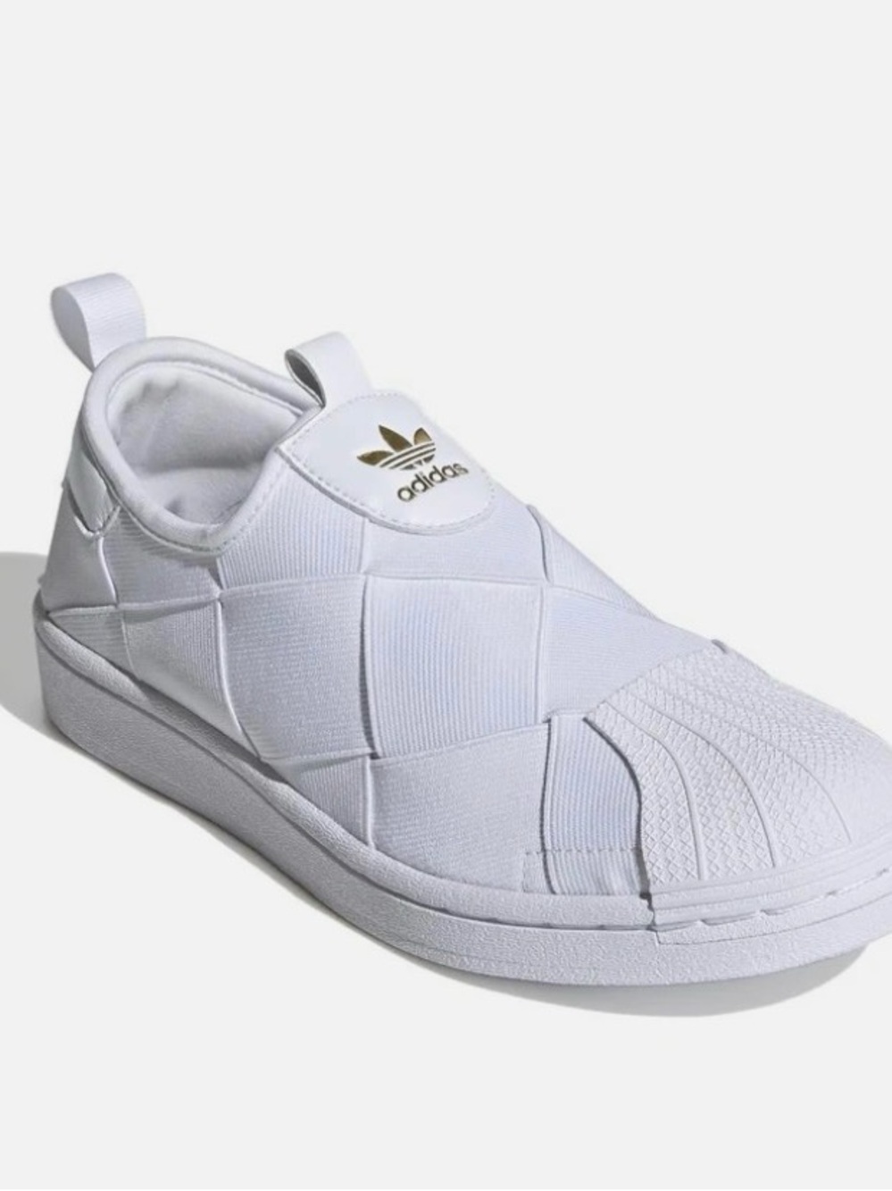 adidas NWOT White Slip-On Woven Shell Toe Sneaker with Gold Trefoil